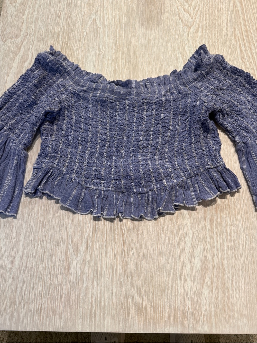 Free People Navy Smocked Off-Shoulder Ruffle Crop Top